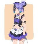  1girl black_hair carron_(waccha_primagi!) detached_collar dolldolldd dress frills gradient_eyes hair_between_eyes hair_ornament kiratto_pri_chan long_hair looking_at_viewer multicolored_eyes multicolored_hair navel open_mouth personification pretty_(series) purple_eyes purple_hair ribbon sidelocks simple_background solo summer_maid_coord waccha_primagi! 