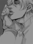  1boy dio_brando earrings greyscale jewelry jojo_no_kimyou_na_bouken kiss kissing_hand lips merumeru626 monochrome scar scar_on_neck solo_focus stardust_crusaders stitched_neck stitches 