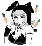  1girl animal_ears bare_shoulders blush breasts carrot cleavage clenched_hand danganronpa_(series) danganronpa_2:_goodbye_despair fake_animal_ears famima_de_neppuri flipped_hair galaga highres large_breasts leotard looking_at_viewer medium_hair nanami_chiaki official_alternate_costume open_mouth playboy_bunny rabbit_ears solo strapless strapless_leotard sweat 