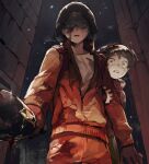  1boy 1girl blood blood_on_face blue_eyes bottle broken_bottle brown_jacket character_request collarbone grabbing_another&#039;s_arm highres holding holding_bottle hood hood_up jacket kenny_mccormick long_sleeves open_mouth orange_jacket orange_pants outdoors pants shirt short_hair silverlilii snow south_park tears 