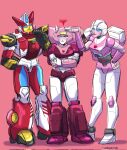  3girls annoyed arcee autobot backpack bag blue_eyes blush breasts colored_skin dumbdelvon elita_one height_difference helmet highres humanoid_robot medium_breasts multiple_girls override panties robot simple_background size_difference thighs transformers underwear 