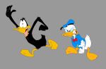  anatid angry anseriform anthro avian beak bird black_body bottomless clothed clothing crossover daffy_duck disney donald_duck duck duo hat headgear headwear hi_res looney_tunes male open_mouth scottforester17 simple_background warner_brothers white_body 