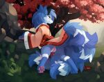  2023 7_tails alolan_form alolan_ninetales artist_name asian_clothing aurorasnowtales bedroom_eyes blue_body blue_fur blush bodily_fluids butt canid canine cherry_blossom cherry_blossom_tree cherry_tree clothed clothed_feral clothing clothing_lift dated dream_weaver_pony east_asian_clothing english_text eyebrows eyelashes female feral fruit_tree fur genital_fluids genitals grass green_eyes hi_res humanoid_genitalia humanoid_pussy humanoid_pussy_on_feral japanese_clothing kimono kimono_lift looking_at_viewer looking_back mammal multi_tail narrowed_eyes nintendo outside pawpads paws pink_pawpads pink_pussy plant pokemon pokemon_(species) presenting presenting_hindquarters presenting_pussy pussy pussy_juice pussy_juice_on_tail pussy_juice_string quadruped raised_tail rear_view regional_form_(pokemon) rock seductive shadow signature solo tail text tree white_body white_fur 