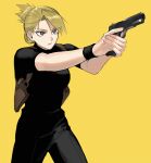  1girl absurdres aiming black_pants black_shirt black_wristband blonde_hair brown_eyes closed_mouth commentary_request cowboy_shot folded_ponytail fullmetal_alchemist gun handgun highres holding holding_gun holding_weapon holster looking_ahead outstretched_arms ozaki_(tsukiko3) pants riza_hawkeye shirt short_sleeves shoulder_holster simple_background solo trigger_discipline weapon weapon_request wristband yellow_background 