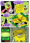  anthro clothed clothing comic dialogue duo fan_character hi_res male marine nickelodeon on_model pancaketiffy sea_sponge spanish_text speech_bubble spongebob_squarepants spongebob_squarepants_(character) suit text toony 