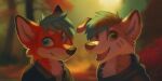  2023 2:1 anthro black_clothing black_nose black_topwear blue_eyes blue_hair blurred_background brown_body brown_eyes brown_fur brown_hair brown_nose canid cheek_tuft closed_smile clothed clothing dated duo facial_tuft fangs fur glistening glistening_eyes hair looking_at_viewer male mammal mouth_closed multicolored_hair mylafox neck_tuft open_mouth open_smile orange_body orange_fur short_hair signature smile teeth text topwear tuft two_tone_hair url white_body white_fur 