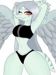  2023 amber_eyes anthro big_breasts bottomwear bra breasts clothed clothing curvy_figure digital_drawing_(artwork) digital_media_(artwork) dinosaur elbow_feathers eyelashes eyeliner fang_(gvh) feathered_wings feathers female goodbye_volcano_high grey_body grey_scales hair hands_behind_head hi_res hotpants hourglass_figure jorgeroman574 long_hair long_tail looking_at_viewer makeup navel one_eye_closed pterodactylus pterosaur reptile scales scalie shorts silver_hair simple_background skimpy small_waist smile snoot_game snout solo sports_bra tail thick_thighs underwear voluptuous white_background wide_hips wings wink winking_at_viewer 