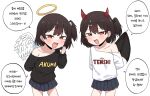  2girls :d angel angel_and_devil angel_wings arm_behind_back arms_behind_back black_hair black_shirt black_skirt black_wings blush clothes_writing commentary_request demon_girl demon_horns demon_wings fang feathered_wings hair_ornament halo hand_up highres horns korean_commentary korean_text lakilolom long_sleeves looking_at_viewer multiple_girls off_shoulder one_side_up original pleated_skirt puffy_long_sleeves puffy_sleeves red_eyes romaji_text shirt simple_background skirt skull_hair_ornament smile standing translation_request white_background white_shirt white_wings wings 