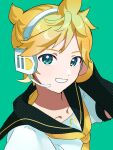  1boy aqua_eyes black_sailor_collar blonde_hair blue_eyes collarbone detached_sleeves green_background halftone hands_on_headphones headphones highres kagamine_len looking_at_viewer male_focus neckerchief open_mouth sailor_collar short_hair smile solo sugarmonaka vocaloid yellow_neckerchief 