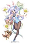  1girl animal_ears basket bird black_pantyhose blue_eyes blue_hair blue_leotard blue_ribbon dmm easter_egg egg fake_animal_ears fake_tail hair_ribbon highres holding holding_basket leotard long_hair looking_at_viewer official_art open_mouth pantyhose playboy_bunny rabbit_ears rabbit_tail ribbon shoes short_twintails shouni_(sato3) smile solo standing standing_on_one_leg tail twintails wrist_cuffs 