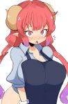  1girl apron black_apron blue_shirt breasts commentary dragon_girl dragon_horns fang gradient_hair highres horns huge_breasts ilulu_(maidragon) jellcaps kobayashi-san_chi_no_maidragon long_hair multicolored_hair open_mouth pointy_ears purple_hair red_eyes red_hair shirt simple_background solo twintails white_background 