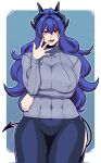  1girl black_pants blue_hair breast_hold breasts butter_sugoi commentary_request covered_nipples cowboy_shot curly_hair demon_girl demon_horns demon_tail finger_in_own_mouth grey_sweater highres horns huge_breasts long_hair open_mouth original pants purple_eyes ribbed_sweater side_slit solo sweater tail turtleneck turtleneck_sweater 