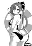  1girl akigumo_(kancolle) asava_(hutaitenn) ass bare_arms bare_legs bare_shoulders bikini blush closed_mouth cowboy_shot greyscale hair_between_eyes highres innertube kantai_collection looking_at_viewer mole mole_under_eye monochrome ponytail simple_background solo swimsuit twitter_username white_background 