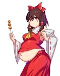  1girl bow breasts brown_hair crop_top dango food hair_bow hakurei_reimu holding holding_food japanese_clothes looking_at_viewer medium_breasts navel plump puffy_cheeks rajmzz red_eyes red_skirt skirt solo touhou wagashi weight_gain 