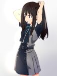  1girl adjusting_hair arms_behind_head belt black_hair blue_belt blue_dress collared_shirt commentary_request cowboy_shot dress green_ribbon grey_dress highres inoue_takina keeemu_(gouf2016) long_hair looking_ahead lycoris_recoil lycoris_uniform mouth_hold neck_ribbon pleated_dress purple_eyes ribbon rubber_band shirt short_sleeves simple_background solo two-tone_dress white_shirt 