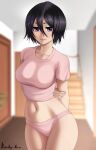  1girl alternate_breast_size alternate_costume arms_behind_back artist_name black_hair bleach blurry blurry_background breasts closed_mouth clothes_lift collarbone contrapposto hair_between_eyes highres holding_own_arm indoors kuchiki_rukia large_breasts looking_at_viewer navel panties pink_panties pink_shirt purple_eyes rocky-ace shirt shirt_lift smile solo underwear 