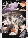  animal_focus black_background claws commentary_request crescent_moon flower full_moon highres long_neck lotus moon no_humans pillarboxed pokemon pokemon_(creature) raging_bolt reo_(mmocc123) rock simple_background solo tail tusks 