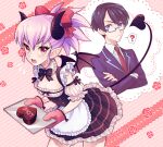  1boy 1girl ? apron black_hair blazer blue_eyes blush bow bowtie breasts candy chocolate cleavage collared_shirt cowboy_shot demon_girl demon_horns demon_tail demon_wings detached_collar detached_sleeves dress fang food frilled_apron frilled_dress frills frown glasses hair_bow heart heart-shaped_chocolate holding holding_tray horns jacket kmy-3_(kumayu) necktie open_mouth original oven_mitts pink_hair pointy_ears ponytail shirt short_hair small_breasts spiked_hair spoken_question_mark sweat tail tray valentine wings 