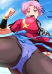  1girl artist_name black_pantyhose blue_leotard blue_ribbon blue_sash blue_sky bracer breasts cameltoe chinese_clothes clenched_hands cloud cloudy_sky crotch_seam day dragon_quest dragon_quest_dai_no_daibouken from_below frown hair_ribbon highres impossible_clothes impossible_shirt joy_ride kicking large_breasts leotard looking_at_viewer maam open_mouth outdoors pantyhose pink_eyes pink_hair ponytail red_shirt ribbon sash shirt signature sky solo 