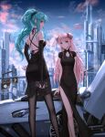  2girls aqua_eyes aqua_hair aqua_nails bang_dream! black_dress black_gloves black_pantyhose blue_sky braid building car china_dress chinese_clothes double_bun dress earrings elbow_gloves evening gloves green_eyes hair_bun halter_dress halterneck highres hikawa_sayo jewelry long_hair looking_at_viewer looking_back love_live! love_live!_nijigasaki_high_school_idol_club motor_vehicle multiple_girls outdoors pantyhose pink_hair ponytail side_slit sky smile standing yuzuriha_(atelier_liang) zhong_lanzhu 