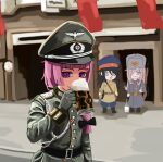  alcohol beer beer_mug belt black_belt black_bow black_hair bocchi_the_rock! bow cup germany gloves green_eyes green_gloves gun hat hiroi_kikuri kuroki_tomoko kurokimoko little_witch_academia military military_hat military_uniform mug nazi outdoors parody peaked_cap purple_eyes purple_hair red_eyes red_star rifle scene_reference soviet sucy_manbavaran uniform watashi_ga_motenai_no_wa_dou_kangaetemo_omaera_ga_warui! weapon 