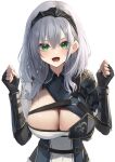  1girl :d absurdres amane_sora armor breasts cleavage green_eyes grey_hair hair_between_eyes highres hololive large_breasts looking_at_viewer mole mole_on_breast shirogane_noel shirogane_noel_(1st_costume) short_hair simple_background smile solo white_background 