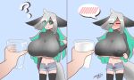  ambiguous_gender animal_humanoid big_breasts black_sclera blush blush_lines bodily_fluids bottomwear breasts canid canid_humanoid canine canine_humanoid clothing container cup duo eyes_closed female first_person_view fox_humanoid fuyumi_(zedrin) green_eyes green_hair grey_hair hair huge_breasts human humanoid lactating long_hair mammal mammal_humanoid midriff milk multicolored_hair navel open_mouth question_mark shirt shorts signature speech_bubble standing tail text topwear under_boob zedrin 