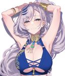  1girl absurdres armpits arms_up blue_eyes blush braid braided_bangs breasts cleavage earrings feather_hair_ornament feathers grey_hair grin hair_ornament highres hololive hololive_indonesia jewelry large_breasts long_hair looking_at_viewer pavolia_reine pochi_(pochi-goya) smile solo virtual_youtuber white_background 