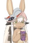  1other androgynous brown_fur commentary cup disposable_cup drinking_straw drooling ears_through_headwear fake_horns furry grimace_shake_(meme) hair_between_eyes hands_up helmet highres holding holding_cup horizontal_pupils horned_helmet horns knifedragon made_in_abyss meme milkshake mouth_drool nanachi_(made_in_abyss) open_mouth other_focus simple_background smile solo upper_body whiskers white_background white_hair yellow_eyes 
