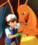  1boy ash_ketchum black_hair charizard fangs fingerless_gloves fist_bump gloves green_gloves hand_on_another&#039;s_shoulder hat long_neck looking_at_another male_focus maruki_(punchiki) open_mouth pokemon pokemon_(anime) pokemon_(classic_anime) pokemon_(creature) short_sleeves 