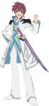 1boy asbel_lhant blue_eyes brown_hair coat english_commentary full_body hair_between_eyes hand_on_own_hip highres long_sleeves looking_at_viewer male_focus official_art open_mouth pants shoes smile solo tales_of_(series) tales_of_asteria tales_of_graces transparent_background white_coat white_footwear white_pants 