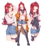  1girl ass bare_shoulders bodysuit breasts clothes_lift fangxiang_cuoluan holster long_hair looking_at_viewer multiple_views original red_hair revealing_clothes short_shorts shorts simple_background thigh_holster unbuttoned white_background 