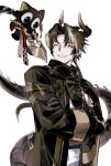  2boys arknights black_cat black_gloves black_hair black_jacket cat chong_yue_(arknights) closed_eyes crossed_arms dragon_boy dragon_horns dragon_tail earrings gloves grin heixiu highres horns ieiieiiei jacket jewelry long_sleeves looking_at_another luo_xiaohei_zhanji multicolored_hair multiple_boys necklace parted_bangs pointy_ears simple_background smile streaked_hair tail upper_body white_background white_hair 