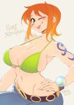  2023 ;p armpits belt blush bracelet breasts character_name cleavage copyright_name gofa hand_hip highres jewelry large_breasts nami_(one_piece) navel one_eye_closed one_piece orange_hair shoulder_tattoo simple_background smile tattoo tongue tongue_out 