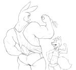  2023 absurd_res anthro biceps bottomwear bulge butt canid canine carrot clothed clothing duo eating eldiman flexing_bicep food fur hi_res holding_carrot holding_food holding_object holding_vegetable lagomorph leporid male mammal midriff muscular muscular_anthro muscular_male plant rabbit shirt size_difference smaller_male tank_top topwear underwear vegetable 