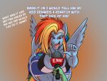  anthro anthrofied bent_over blue_body blue_feathers breasts cleavage clothed clothing dialogue english_text equid equine feathers female friendship_is_magic hasbro hi_res holding_butt mammal microphone my_little_pony pegasus rainbow_dash_(mlp) solo_focus text thebigbadwolf01 wings 