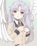  1girl angel angel_beats! angel_wings blush commentary_request eyelashes feathered_wings gradient_background green_background grey_background hands_up highres jacket long_hair long_sleeves looking_at_viewer neck_ribbon open_mouth own_hands_together parted_bangs ribbon school_uniform sidelocks simple_background solo tachibana_kanade taku_hanamiyap upper_body very_long_hair white_hair wings yellow_eyes yellow_jacket yellow_ribbon 