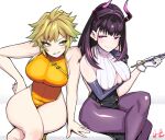  2girls avatar_2.0_project black_gloves blonde_hair breasts china_dress chinese_clothes cleavage closed_mouth crossed_legs demon_girl demon_horns disco_tei_meteo dress elbow_gloves gloves hori_shin horns indie_virtual_youtuber kujo_lychee large_breasts long_hair looking_at_another medium_hair multiple_girls purple_eyes purple_hair sideboob sidelocks simple_background single_glove sitting smile smirk spiked_hair virtual_youtuber white_background white_wrist_cuffs yellow_eyes 