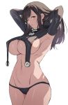  1girl absurdres adjusting_hair arms_behind_head black_hair black_panties bottomless breasts elbow_gloves gantz gantz_suit gloves highres large_breasts long_hair looking_at_viewer mizore_syrup navel panties revealing_clothes shimohira_reika solo standing underboob underwear 