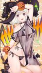  1girl :3 animal_on_head arm_up bat_(animal) bikini black_bikini black_choker black_dress black_footwear black_headwear blonde_hair blue_eyes bob_cut breasts broom cat choker commentary dress fang halloween halterneck hat hataraki_kuma high_heels highres holding holding_broom jack-o&#039;-lantern leg_up micro_bikini microdress mole mole_under_eye off_shoulder on_head open_mouth orange_scrunchie original scrunchie see-through see-through_dress short_hair side-tie_bikini_bottom side_slit small_breasts smile sparkle standing standing_on_one_leg swimsuit white_hair witch_hat wrist_scrunchie 