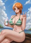  1girl bikini blue_sky blush bob_cut breasts brown_eyes cleavage closed_mouth cloud collarbone crossed_legs cup day disposable_cup green_bikini holding holding_cup kyopink large_breasts lips long_hair looking_at_viewer nami_(one_piece) navel ocean one_piece orange_hair outdoors short_hair sitting sky smile solo starbucks stomach swimsuit thighs v very_long_hair wet 