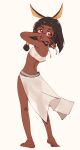  1girl absurdres adjusting_clothes animal_ears anklet bandeau barefoot black_hair bracelet commentary dark-skinned_female dark_skin eds english_commentary flat_chest from_behind highres jackal_ears jewelry loose_hair_strand open_mouth original red_eyes see-through see-through_shirt skirt solo very_dark_skin white_bandeau white_skirt 