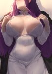  1girl absurdres black_coat breasts breasts_apart buttons coat coat_on_shoulders dress facing_to_the_side fern_(sousou_no_frieren) hands_up head_out_of_frame highres large_breasts long_hair long_sleeves purple_hair serelith solo sousou_no_frieren teeth white_dress 