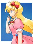  1girl betabetamaru blonde_hair blue_eyes bow braid breasts castlevania castlevania:_rondo_of_blood commentary_request dress from_side hair_bow hairband highres long_hair low_twin_braids maria_renard medium_breasts pink_dress profile puffy_short_sleeves puffy_sleeves red_bow red_hairband short_sleeves solo twin_braids very_long_hair 