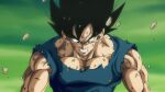  absurdres angry black_eyes black_hair blue_shirt clenched_teeth commentary debris dragon_ball dragon_ball_z english_commentary face_down green_background highres looking_down maddnessart muscular muscular_male shirt son_goku spiked_hair teeth 