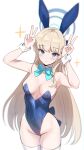  1girl absurdres animal_ears aqua_bow aqua_bowtie armpits arms_up bare_shoulders blonde_hair blue_archive blue_eyes blue_leotard blush bow bowtie breasts breasts_apart covered_navel detached_collar double_v gomrang groin halo highres leotard long_hair looking_at_viewer medium_breasts official_alternate_costume playboy_bunny plunging_neckline rabbit_ears simple_background solo sparkle straight_hair thighhighs toki_(blue_archive) toki_(bunny)_(blue_archive) v very_long_hair white_background white_thighhighs wrist_cuffs 