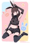  1girl alternate_costume animal_ears aoi_suzu arm_up bangs bare_shoulders black_hair black_shorts black_thighhighs blush breasts chinese_zodiac closed_mouth costume crop_top fake_animal_ears fur_trim highres inoue_takina long_hair looking_at_viewer low_twintails lycoris_recoil navel purple_eyes rabbit_tail short_shorts shorts sitting small_breasts tail thighhighs twintails wariza year_of_the_rabbit 