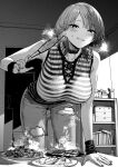  1girl bare_shoulders blush book breasts choker collarbone denim fingernails food greyscale highres ice_reizou indoors jeans large_breasts looking_at_viewer mask monochrome mouth_mask original pants plate pov removing_mask sharp_fingernails shelf short_hair sleeveless smile sweatdrop table torn_clothes torn_jeans torn_pants 