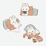  animal_focus ayu_(mog) cellphone chips_(food) commentary eating food nintendo_switch no_humans original phone pillow plaid_pillow rabbit simple_background smartphone solo symbol-only_commentary white_background white_fur 