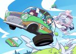  &gt;_o 3girls blue_sky blunt_bangs bright_pupils broken_window brown_hair car commentary_request damaged day driving fuu_(koneko_no_yomeiri) grass green_hair green_hairband grey_hair hagoromo hairband hand_on_own_head hanging_on headgear highres japanese_clothes kimono knife long_hair long_sleeves looking_ahead looking_down midair motor_vehicle multiple_girls nervous_smile nervous_sweating one_eye_closed open_mouth purple_eyes red_eyes scared shawl siblings sisters sky smile sweat tasuki tearing_up through_window tire touhoku_itako touhoku_kiritan touhoku_zunko twintails v-shaped_eyebrows voiceroid white_kimono white_pupils wide_sleeves yellow_eyes zunda_mochi 